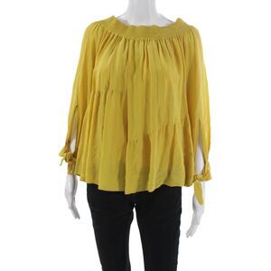 Derek Lam Womens Silk Off the Shoulder Tunic Blouse Yellow Long Sleeve Size M